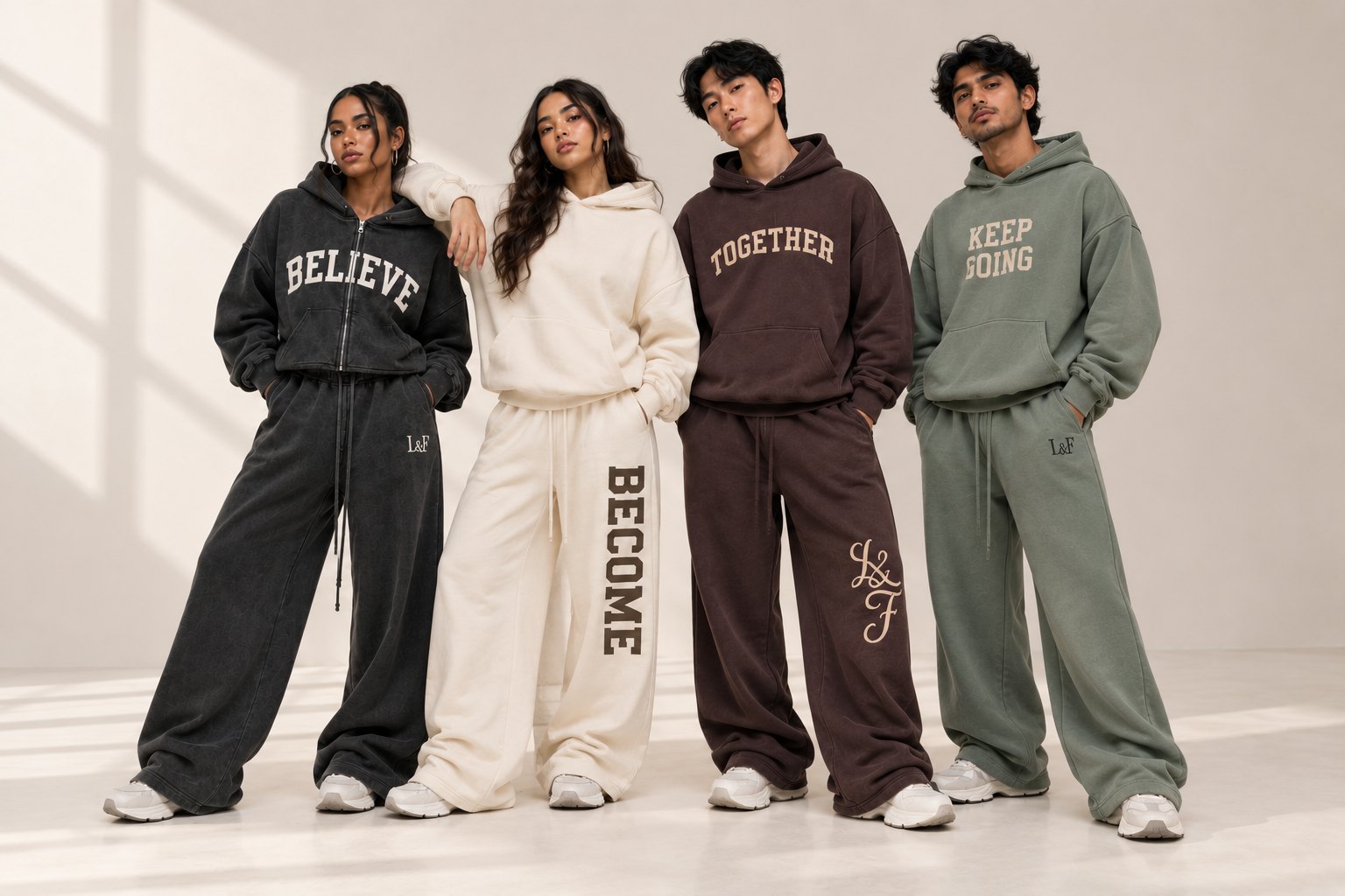 Four friends wearing the four core Life & Faith sets