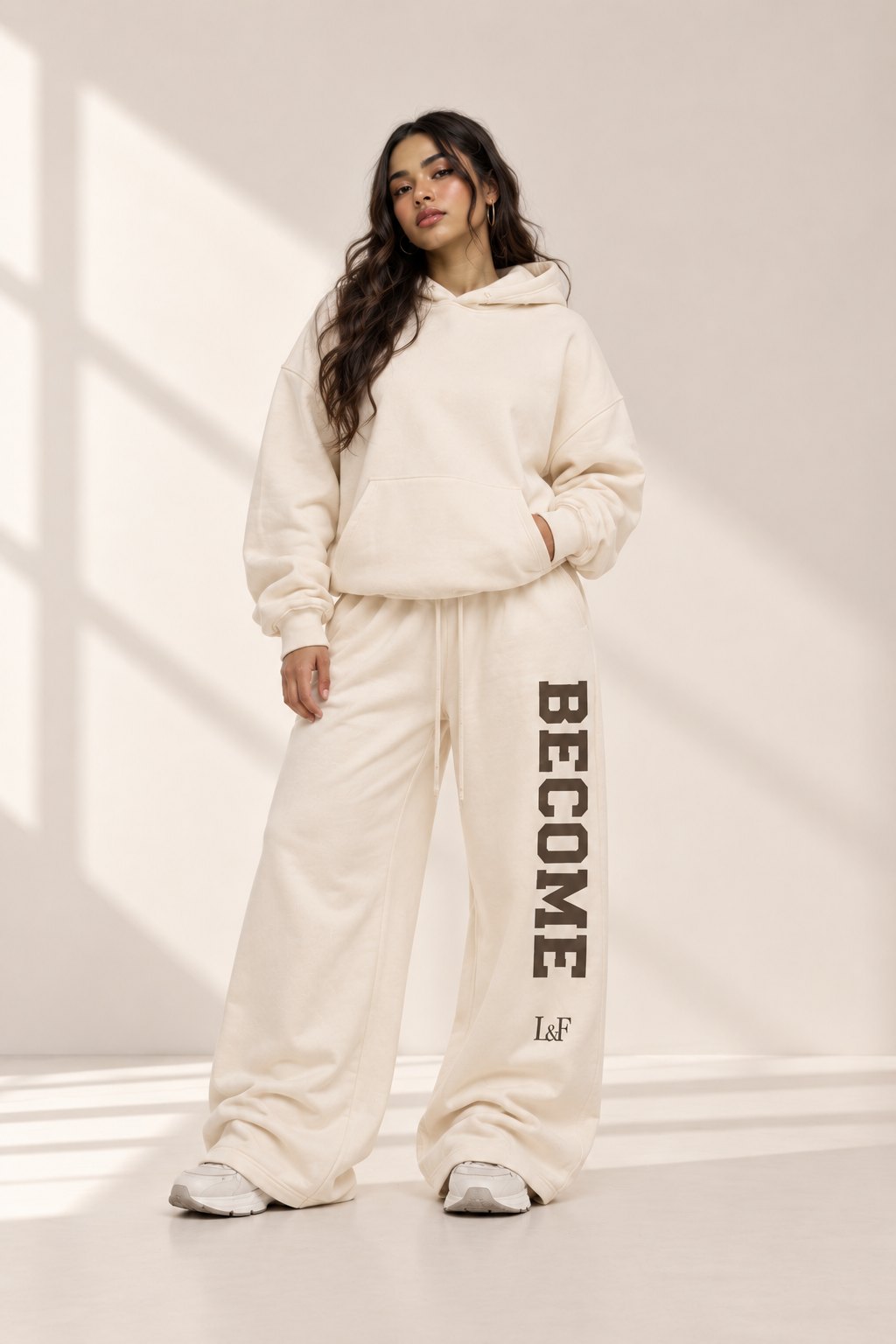 The Become Set in cream, oversized hoodie and wide sweatpant