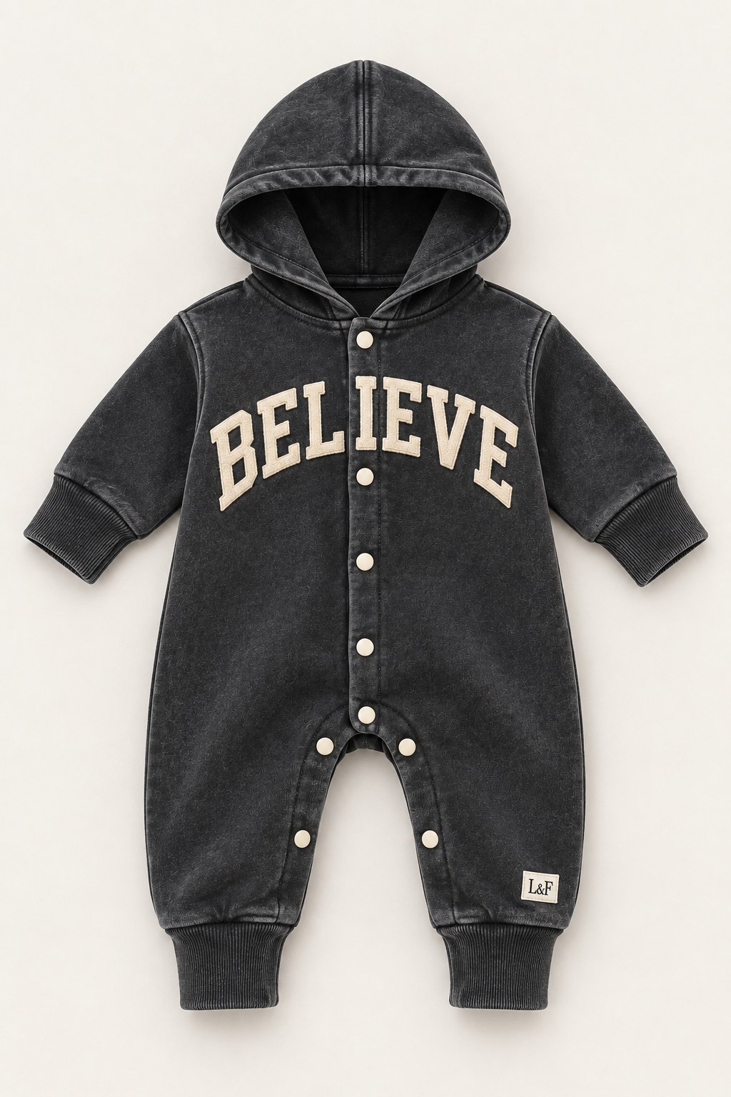Believe hooded fleece romper for newborns in Washed Charcoal