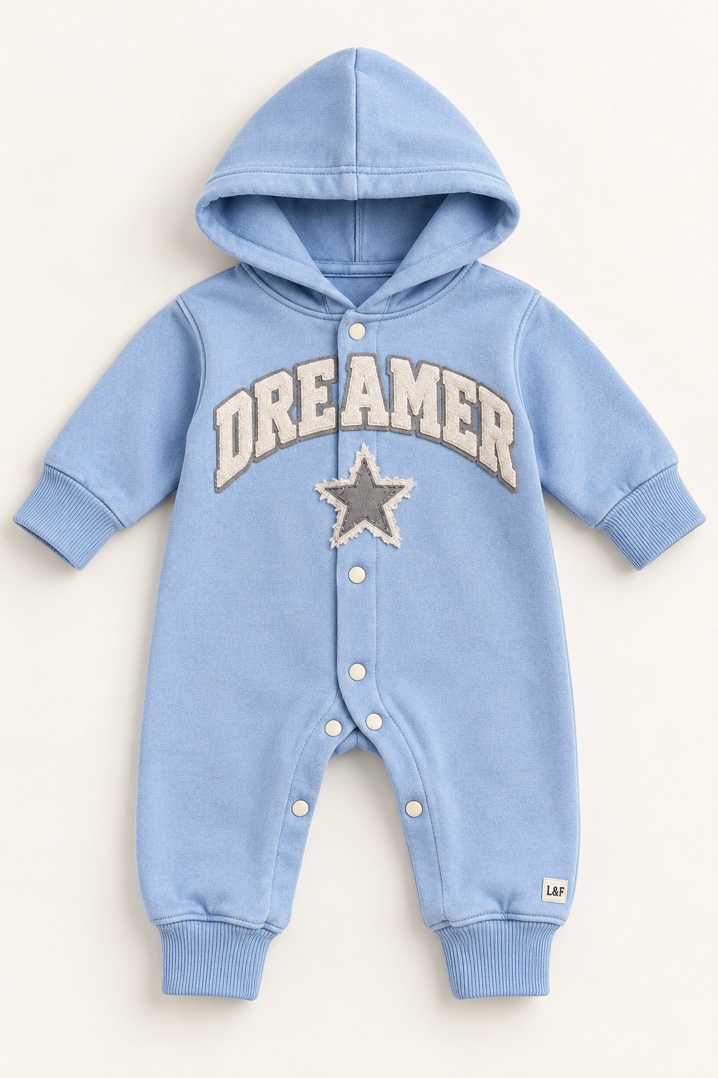 Dreamer hooded fleece romper for newborns in Baby Blue