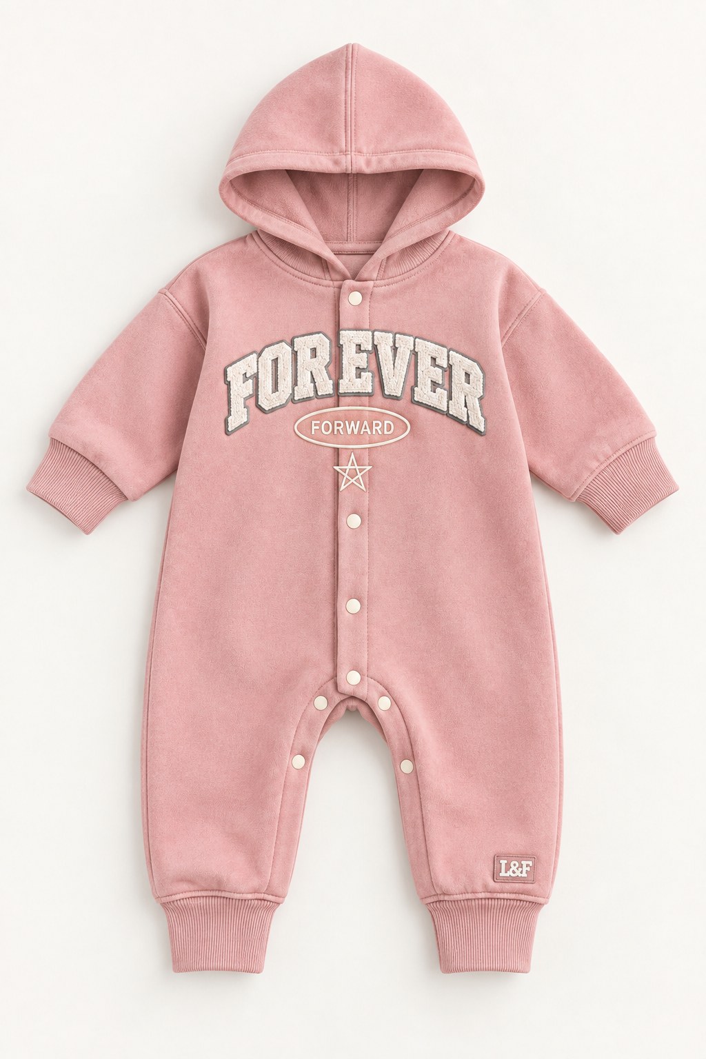 Forever Forward hooded fleece romper for newborns in Blush