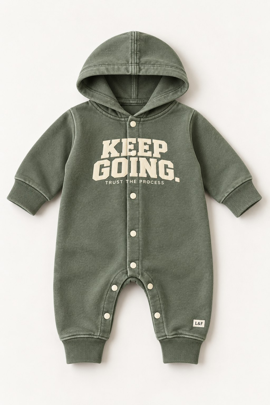 Forward hooded fleece romper for newborns in Sage