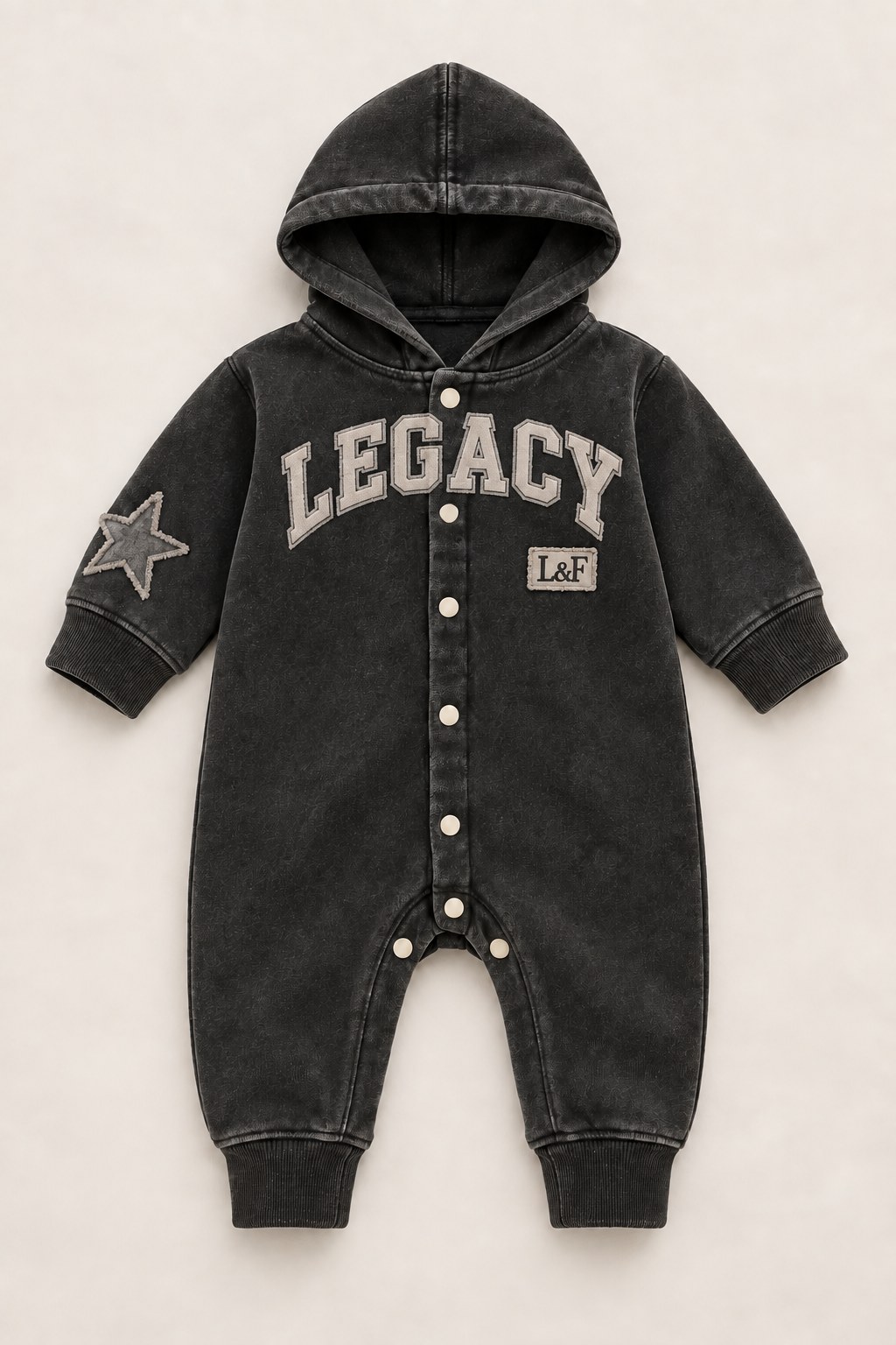 Legacy hooded fleece romper for newborns in Vintage Black