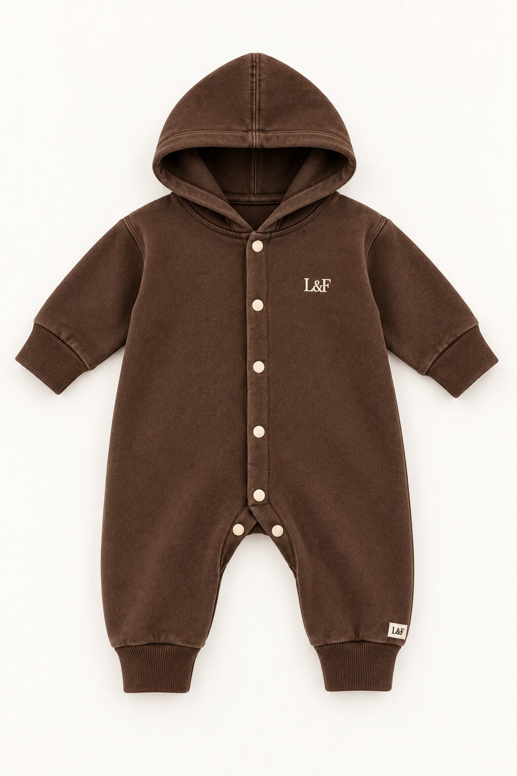 Together hooded fleece romper for newborns in Chocolate
