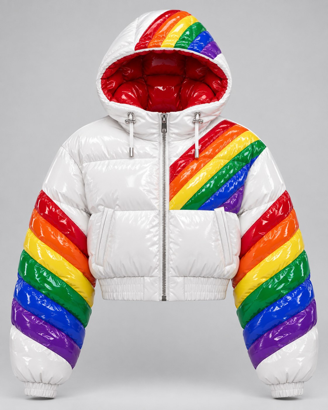 Forward Gloss Puffer · Rainbow, glossy cropped puffer jacket, Drop 03