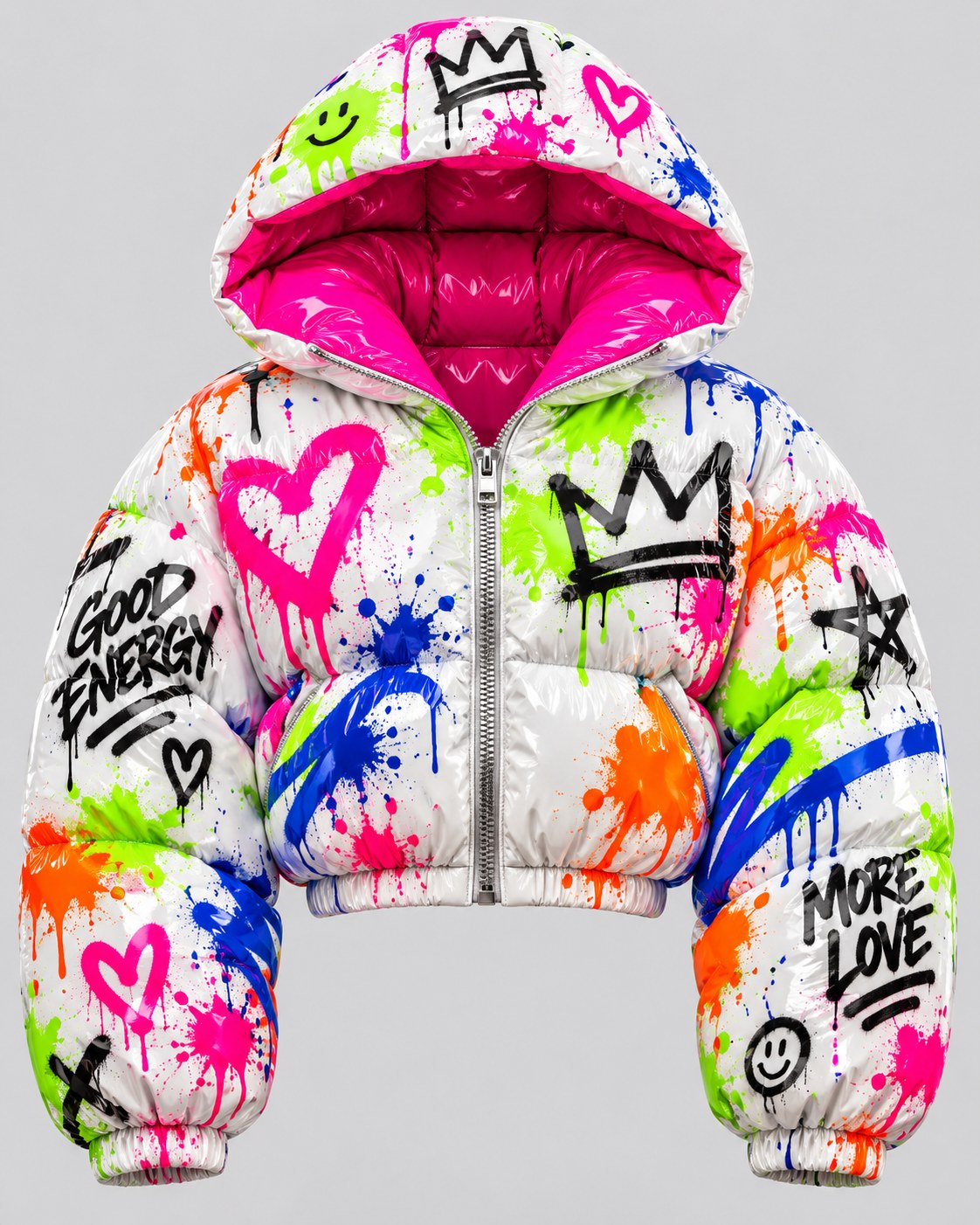 Become Gloss Puffer · Good Energy, glossy cropped puffer jacket, Drop 03