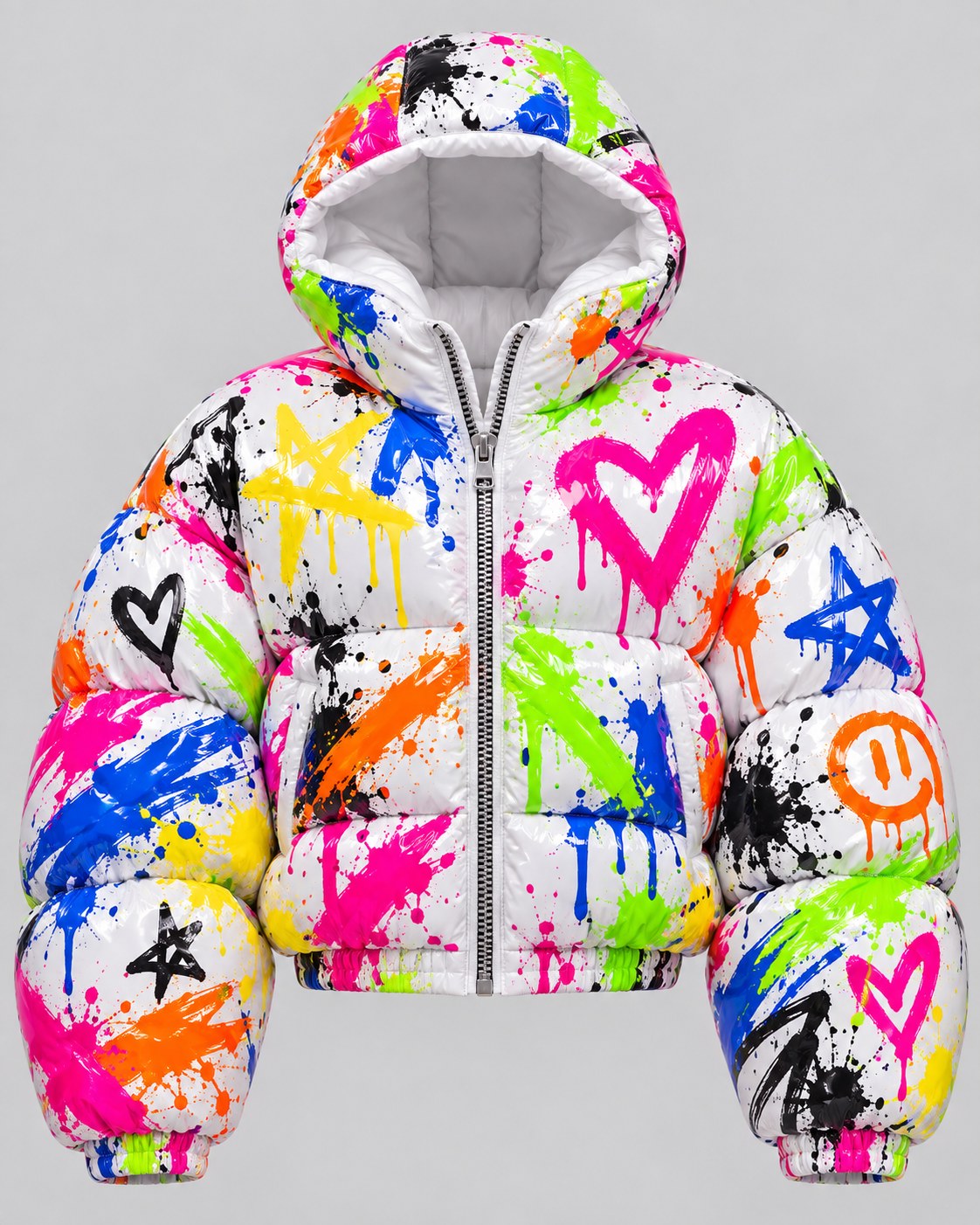 Become Gloss Puffer · Splatter, glossy cropped puffer jacket, Drop 03
