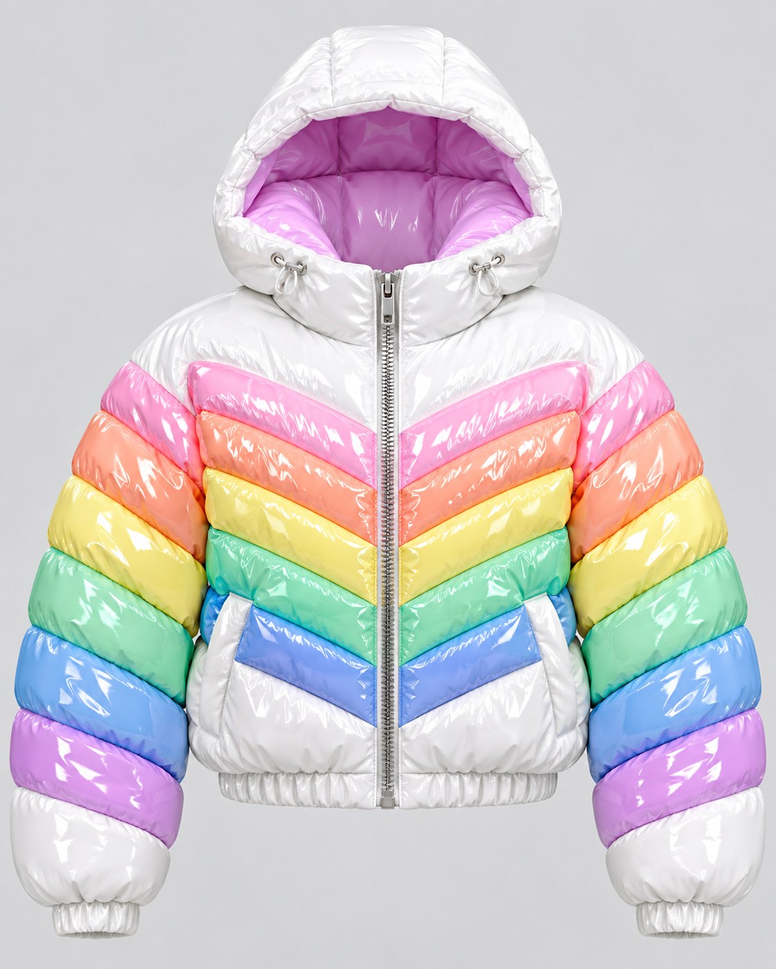 Forever Gloss Puffer · Lavender Hood, glossy cropped puffer jacket, Drop 03
