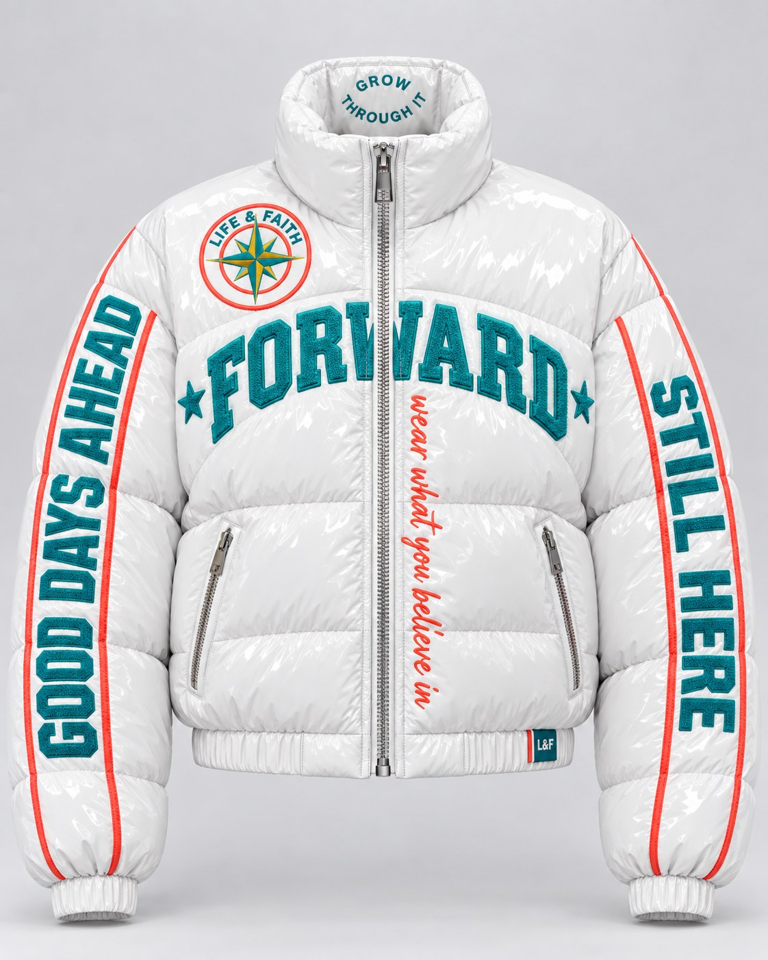Forward Gloss Puffer · Coral Collar reversed view