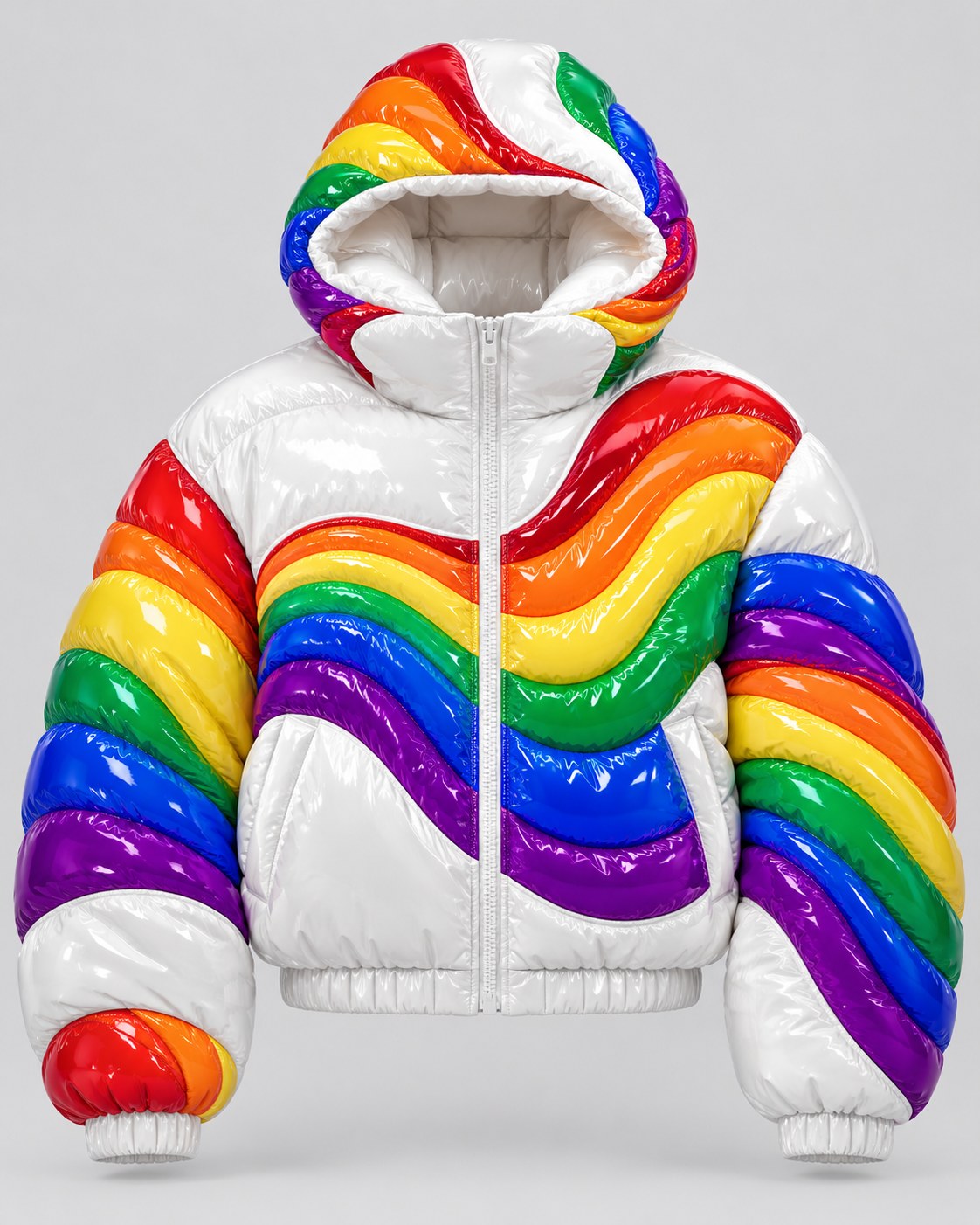 Forward Gloss Puffer · Rainbow, glossy cropped puffer jacket, Drop 03