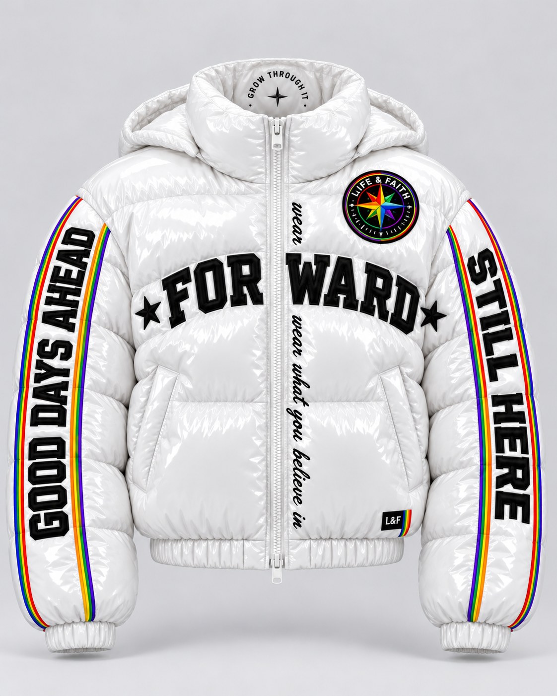 Forward Gloss Puffer · Rainbow reversed view