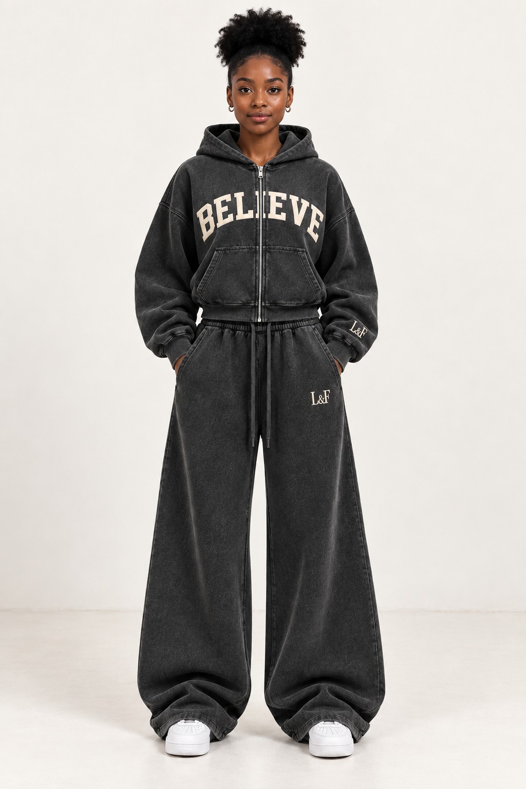 The Believe Set in Washed Charcoal, worn as the complete set