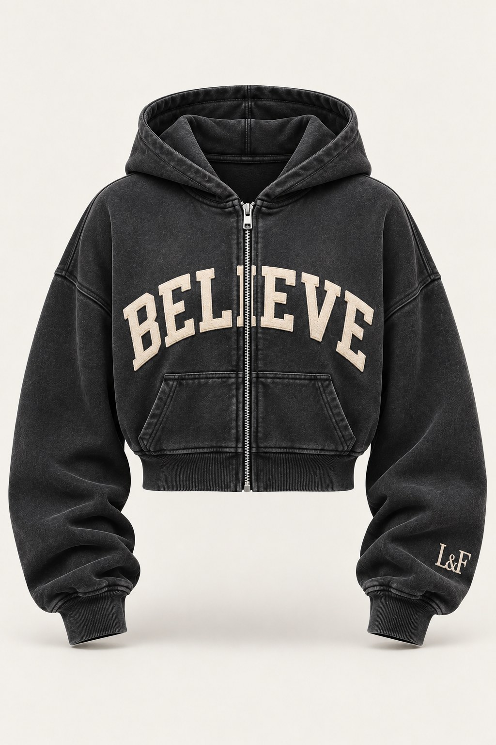 Believe Crop Hoodie · Teen in Washed Charcoal